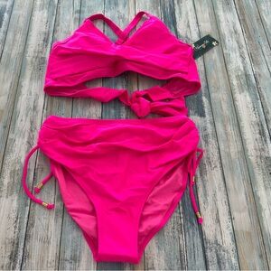 Blooming Jelly 2 Piece Bikini MEDIUM High Waisted Tummy Control Swimsuit PINK